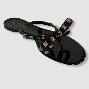 Valentino Women's Black Rockstud PVC Flat Thong Sandals Shoes Size 38 - Picture 1 of 8