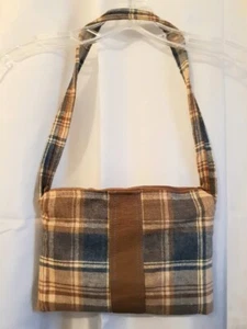 New Retro Plaid Wool Shoulder Bag Sling Purse Brown Blue print Corduroy trim - Picture 1 of 5