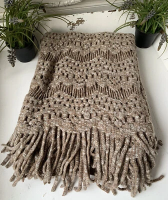 Kuscheldecke MELIA Strick Nougat Meliert  Sofadecke 130 x 150 cm Plaid Fransen - Bild 1 von 4