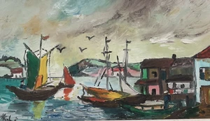 HST TOLLES GEMÄLDE ANIMIERTE SZENE MARINE FAUVIST 1950 SIGNATUR ZU ENTZIFFERN - Bild 1 von 9