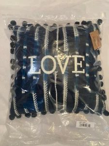 New In Package Throw Pillow Blue LOVE 15” x 15” Primitives By Kathy Pom Poms - Picture 1 of 4