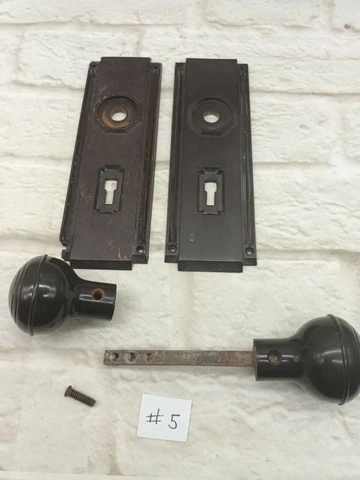 Original Art Deco Pair Of Door knobs Bakelite Skyscraper Style Backplates #5 Cover