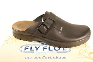 Fly Flot Clogs Mules Slippers House Shoes Black Real Leather New - Picture 1 of 5