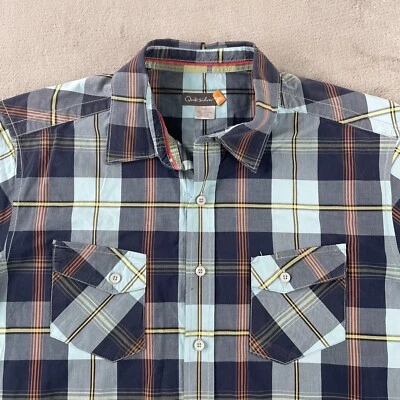 Quiksilver Shirt Men Large Blue Plaid Pockets Short Sleeve Beach Grunge READ - Image 1 of 4