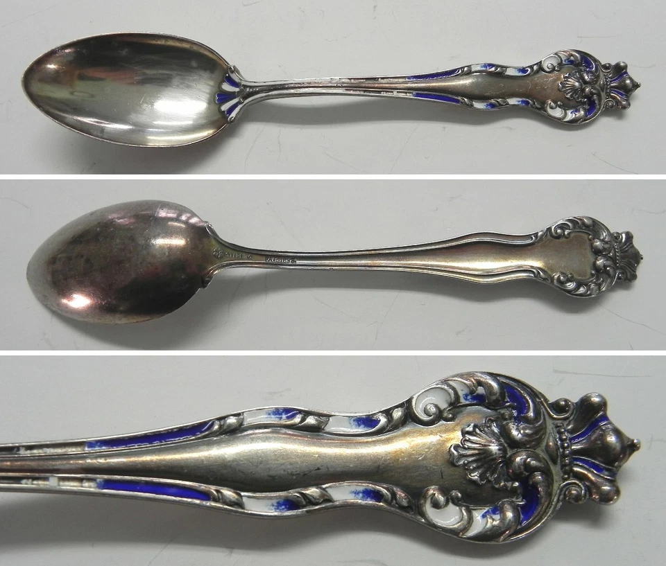 Винтажная чайная ложка Howard/Mount Vernon QUEEN 1898 из чистого серебра с синей/белой эмалью 6 дюймов - Изображение 1 из 1