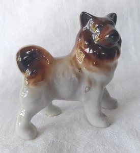 Vintage Porcelain 3" Siberian Husky Dog White & Brown Fur Curly Tail Sled Japan - Picture 1 of 14