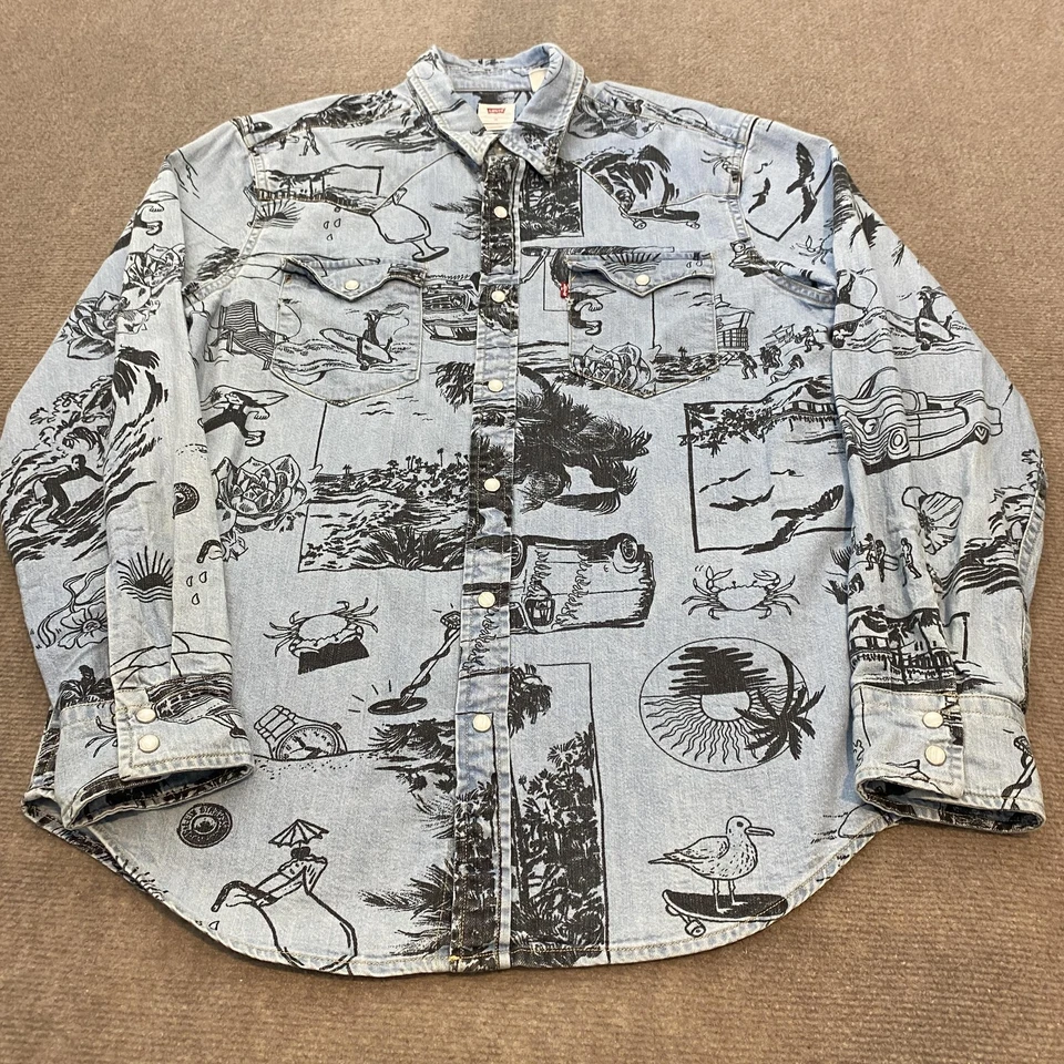 Levis 衬衫男式中号蓝色黑色西部珍珠扣牛仔冲浪者印花休闲 — 第 1/4 张图片