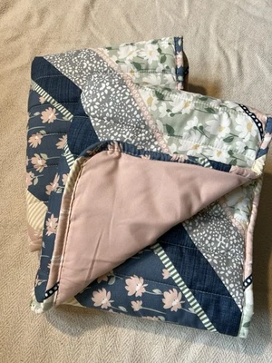 Lucky Brand Quilted Pillow Sham Set, 2 King, Blue Pink Floral Stripe, Poly Blend - Image 1 of 4