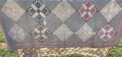 Cutter Quilt Hand Stitched Antique WORN Damaged Vintage Feed Sack Fabric 65”x70” - Image 1 of 4