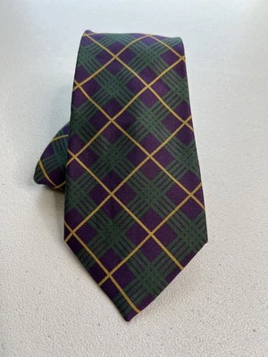 Corbata de diseñador American Living verde y púrpura con patrón a cuadros hecha a mano 100 % seda Foto 1 de 4