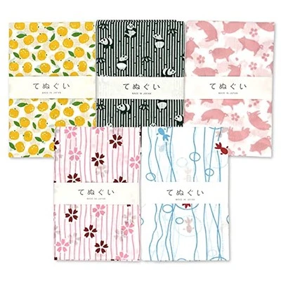 Set of 5 Japanese Tenugui Towels Cotton Cloth Fabrics Panda Sakura Pig - Image 1 of 3