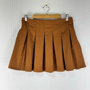 HYFVE Brown Wide Pleated Mini Skirt Size Large Side Zip Rayon Blend Academia - Picture 1 of 4