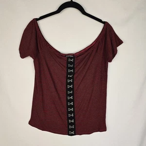 Hot Topic Womens Crop Top XL Red Black Striped Corset Hook Goth Alternative Punk - Picture 1 of 11