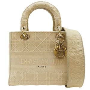 Dior Medium Lady D-Lite Shoulder Handbag Beige Cannage Embroidered Canvas - Picture 1 of 17