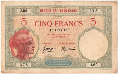 [#303168] Banknote, French Somaliland, 5 Francs, 1936, AU Cover