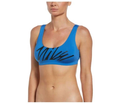 NUEVO Top de bikini Nike para mujer con múltiples logotipos cuello redondo venta al por menor $46 azul talla M mediano Foto 1 de 2