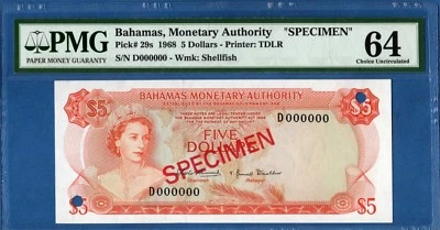 Bahamas, 5 Dollars, 1968, 000000 Specimen, UNC-PMG64, P29s - Image 1 of 2