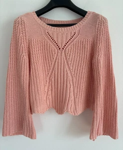 Aerie Sweater Womens MediumLight Pink Scalloped Hem Cropped Bell Sleeve Preppy - Picture 1 of 12