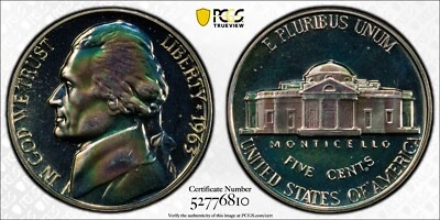 1963 Proof Jefferson Nickel 5C PCGS PR67  Bluish Purple PQ Color Toned (#715) - Image 1 of 4