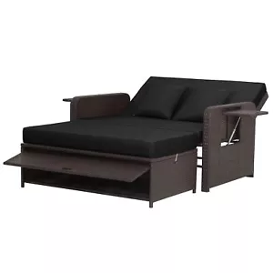Rattan Loveseat Set Daybed Lounge Storage Ottoman Side Tables Adjust Patio Black - Picture 1 of 5