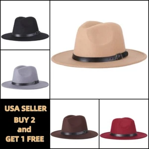 Wide Brim Wool Felt Fedora Panama Western Cowboy Hat Casual Jazz Cap Men Women - Picture 1 of 13