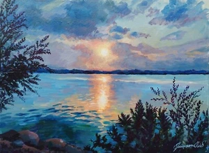 Original acrylic painting SUNSET ON THE RIVER home decor Art - Picture 1 of 8