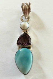Petite LARIMAR & PEARL & Trillion Cut AMETHYST Sterling Silver .925 PENDANT NEW! - Picture 1 of 14