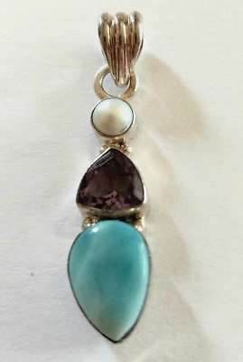 Pequeña LARIMAR Y PERLA Y AMATISTA Corte Trillón Plata de Ley .925 COLGANTE ¡NUEVO! Foto 1 de 4