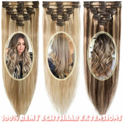 Clip in Hair Extensions 100% Remy Real Echthaar Haarverlangerung Glatt 8 Tressen - Bild 1 von 4