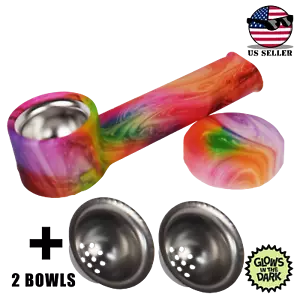 Silicone Pipe with Cap & Metal Bowl ~ Tiedye +2 bowls ~ 3.5 inch - Picture 1 of 1