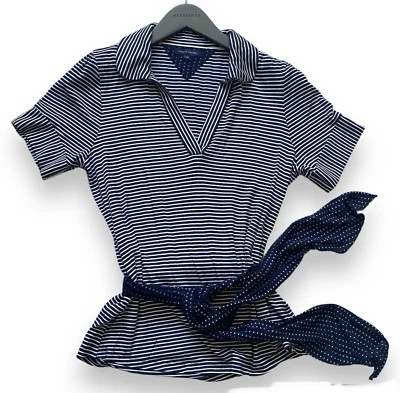 Blusa polo feminina Tommy Hilfiger Reino Unido M listra bretã faixa cinto azul branco náutico - Imagem 1 de 4