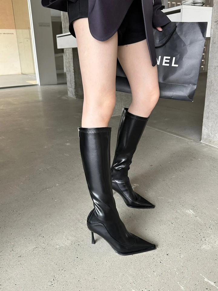 French Sexy Women's Knee High Boots Winter Pointed Toe Leather High-heels Shoes - Image 1 of 4
