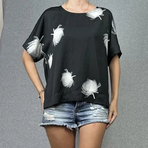 Elk Top Blouse Womens S 10 Black Satin Blossom Floral Relaxed Fit Lightweight - Picture 1 of 14