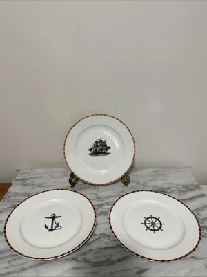 Juego de 3 platos Pottery Barn Nantucket de porcelana náutica ancla barco rueda Foto 1 de 4