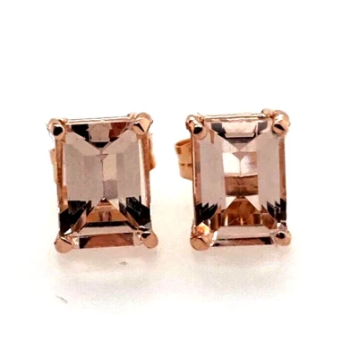 Natural Emerald Cut Peach Morganite Stud Earrings 14k Rose Gold 2.36Ct - Image 1 of 4