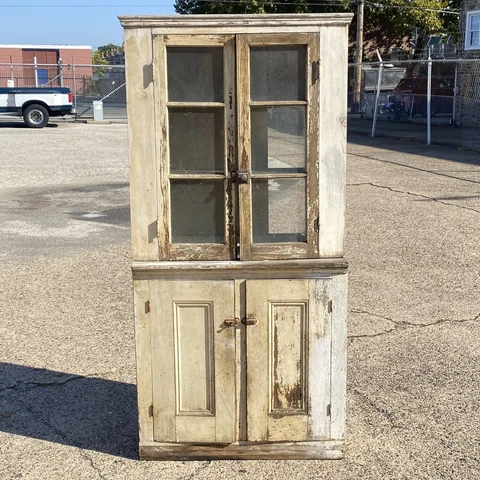 American Primitive Country White Distress Painted Pantry Cupboard Hutch Cabinet Cover