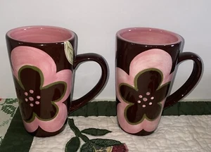 2 Gate Ware by Laurie - Brownish Color With Pink Flower Design Large Cups - Picture 1 of 6
