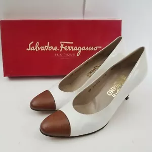 Salvatore Ferragamo white w/ brown cap pump heel size 8.5 AAAA - Picture 1 of 11