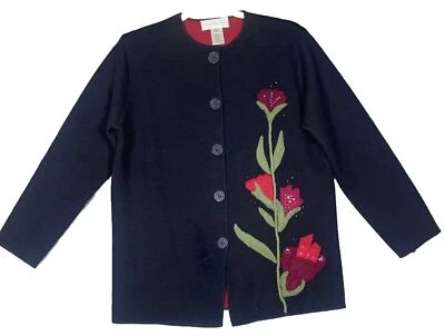 Cárdigan Chaqueta Bordada Susan Bristol Lana Negro/Rojo Talla S Vacaciones Invierno Foto 1 de 4