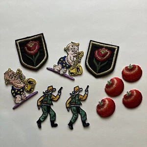 Vintage Sew on Patches lot of 10 Tomatoes Pigs Cowboys - Picture 1 of 5