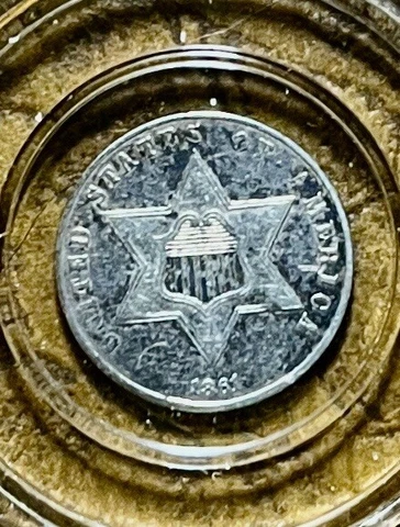 1861 3 Cents Silver Coin - Civil War Era - Shield Star In Capsule - Faded - NITO Cover