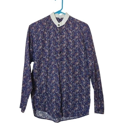 Camisa abotonada vintage azul cachemira para hombre pequeña mandarín cuello abuelo Foto 1 de 4