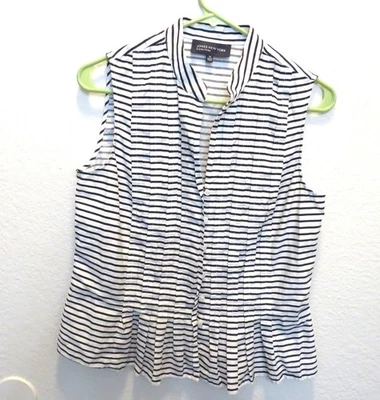 Jones New York Blouse Sz S Black White Stripe Sleeveless Cotton Peplum Button DR - Image 1 of 4