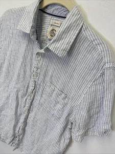 Panama Jack Mens 100% Linen Shirt Short Sleeve Button Down white/Blue striped M - Picture 1 of 8