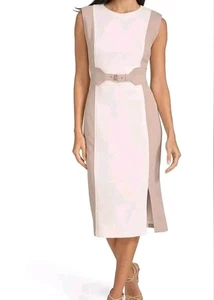 NWT CalvinKlein dress pencil midi scuba crepe taupe colorblock sleeveless 4 $134 - Picture 1 of 9