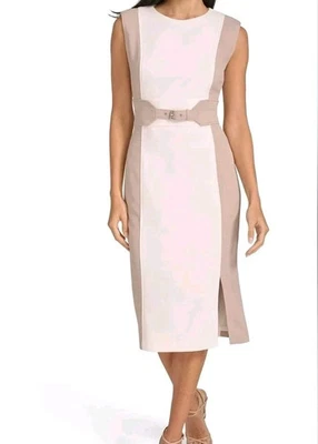 NWT CalvinKlein dress pencil midi scuba crepe taupe colorblock sleeveless 4 $134 - Image 1 of 4