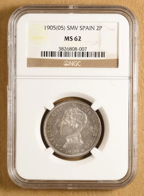 1905(05) SMV 西班牙 2 Pesetas NGC 评级 MS62 — 第 1/4 张图片