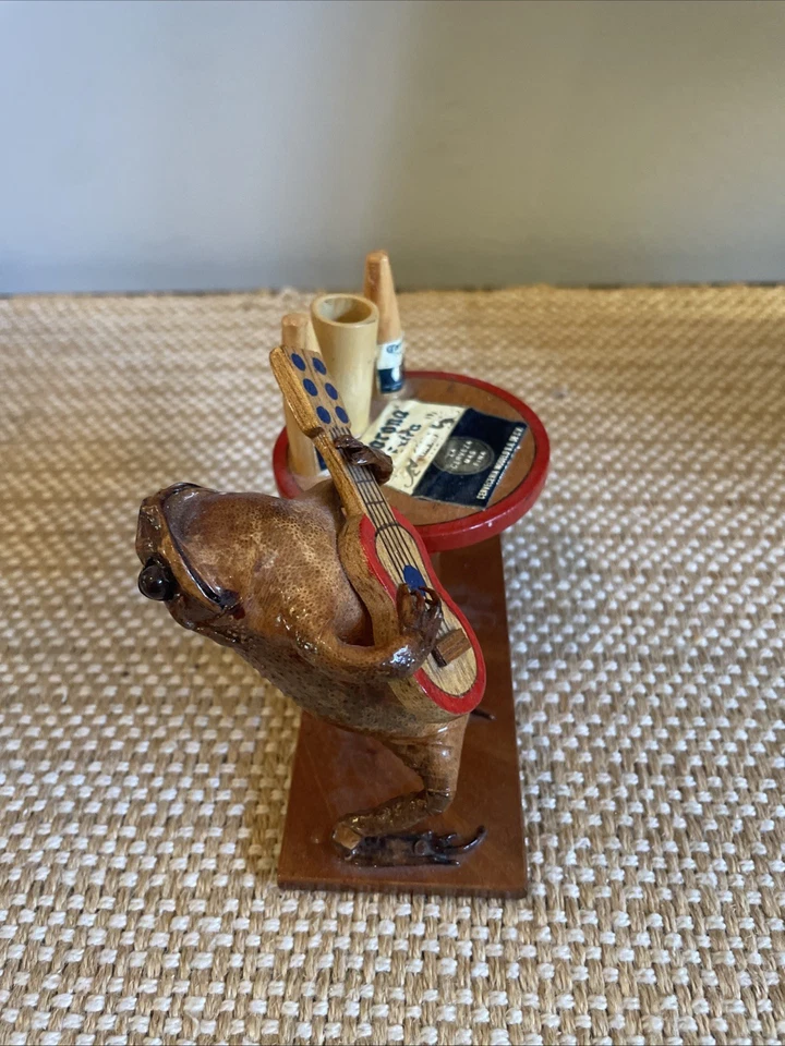 VINTAGE TAXIDERMY FROG 4" PLAYING GUITAR CORONA BAR PEN-TOOTHPICK HOLDER PICS - Image 1 of 4