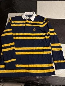 Chaps Mens Rugby Polo Shirt XL Navy Blue Striped Crest Long Sleeve - Picture 1 of 7