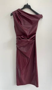 ASOS Midiaxi Dress Red Faux Leather Burgundy Ruched Asymmetric Neck UK 10 - NEW - Picture 1 of 9